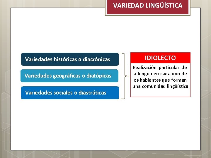 VARIEDAD LINGÜÍSTICA Variedades históricas o diacrónicas IDIOLECTO Variedades geográficas o diatópicas Realización particular de