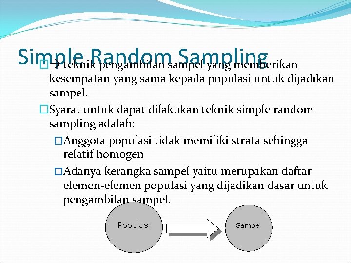 Simple Random Sampling � teknik pengambilan sampel yang memberikan kesempatan yang sama kepada populasi