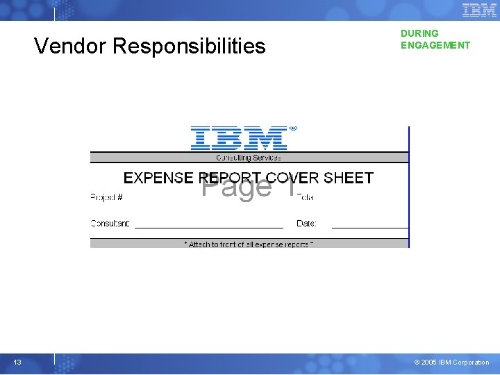 Vendor Responsibilities 13 DURING ENGAGEMENT © 2005 IBM Corporation 