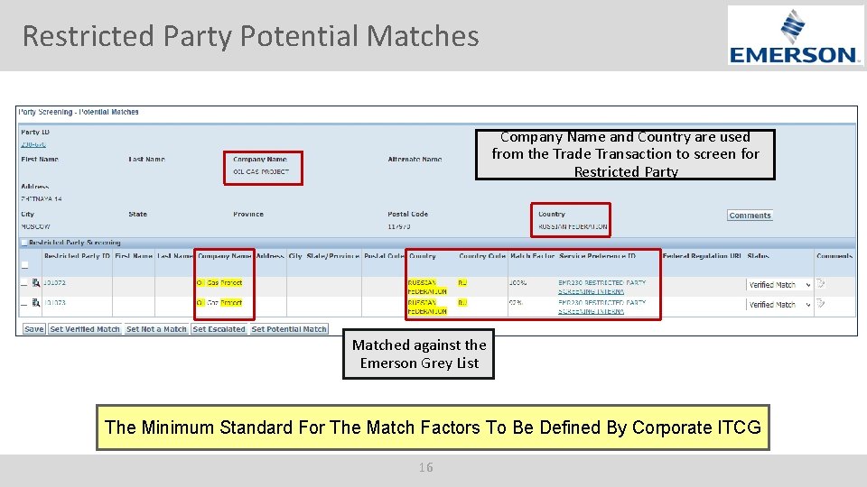 Restricted Party Potential Matches Company Name and Country are used from the Trade Transaction