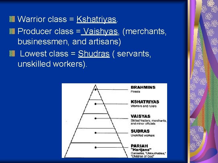 Warrior class = Kshatriyas. Producer class = Vaishyas, (merchants, businessmen, and artisans) Lowest class