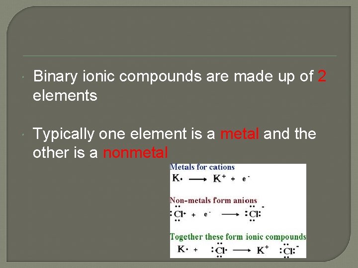  Binary ionic compounds are made up of 2 elements Typically one element is