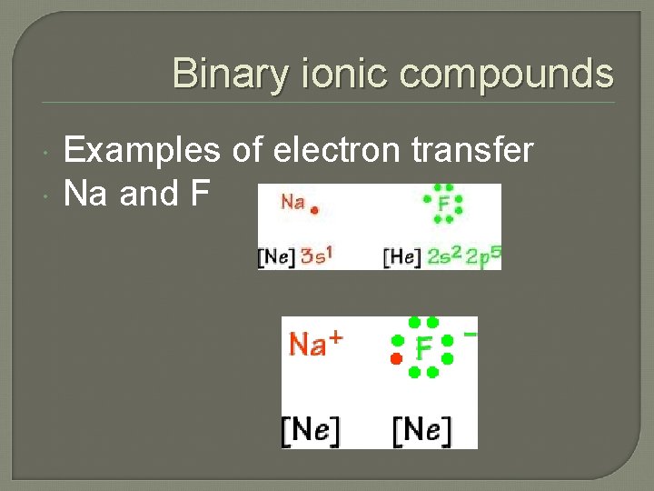 Binary ionic compounds Examples of electron transfer Na and F 