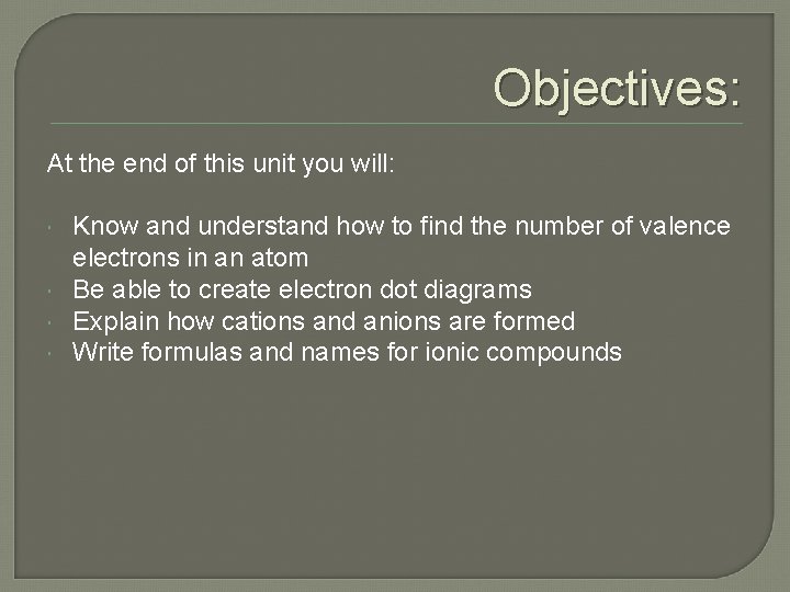 Objectives: At the end of this unit you will: Know and understand how to
