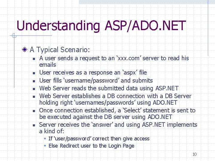 Understanding ASP/ADO. NET A Typical Scenario: n n n n A user sends a Understanding ASP/ADO. NET A Typical Scenario: n n n n A user sends a