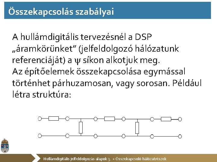 Összekapcsolás szabályai A hullámdigitális tervezésnél a DSP „áramkörünket” (jelfeldolgozó hálózatunk referenciáját) a síkon alkotjuk