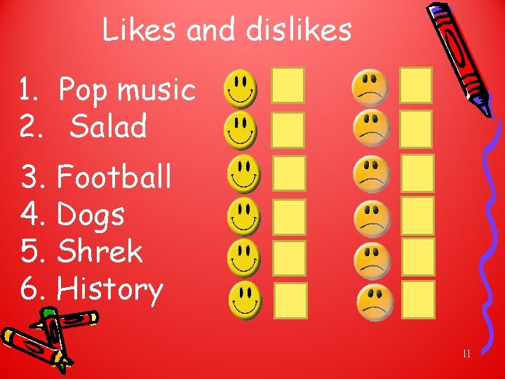 Likes and dislikes 1. Pop music 2. Salad 3. Football 4. Dogs 5. Shrek