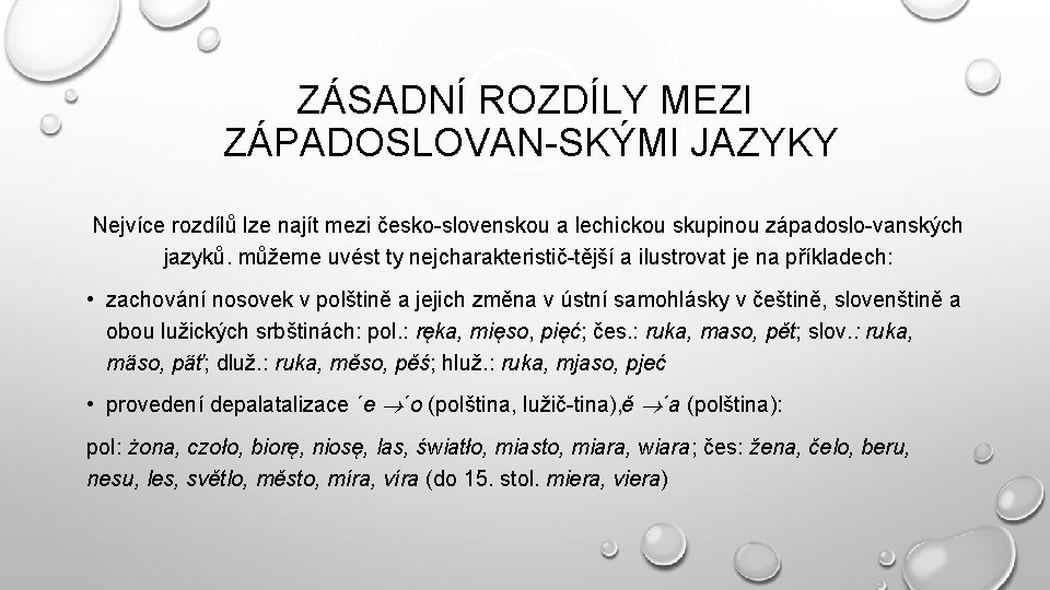 ZÁSADNÍ ROZDÍLY MEZI ZÁPADOSLOVAN SKÝMI JAZYKY Nejvíce rozdílů lze najít mezi česko slovenskou a