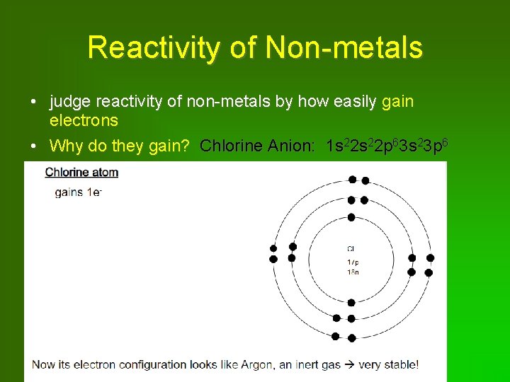 Reactivity of Non-metals • judge reactivity of non-metals by how easily gain electrons •