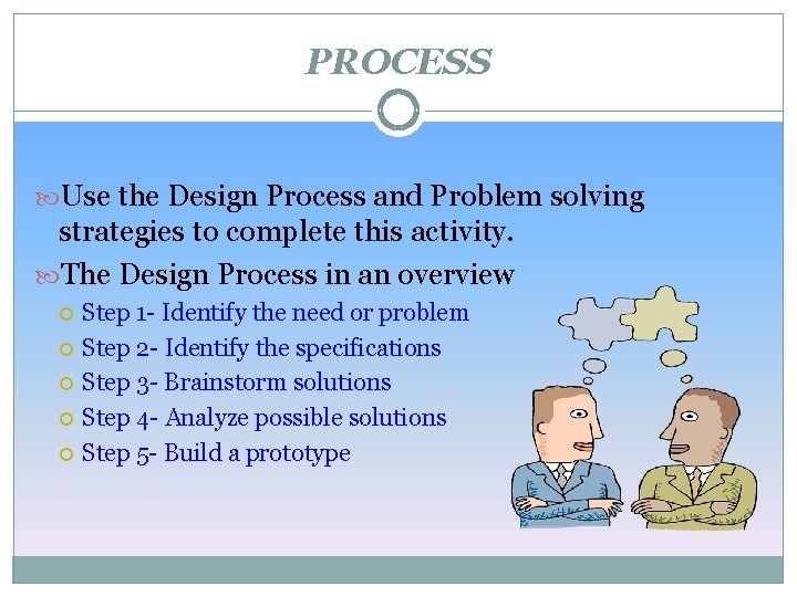 PROCESS Use the Design Process and Problem solving strategies to complete this activity. The