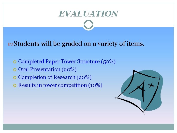 EVALUATION Students will be graded on a variety of items. Completed Paper Tower Structure