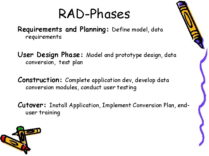 RAD-Phases Requirements and Planning: Define model, data requirements User Design Phase: Model and prototype