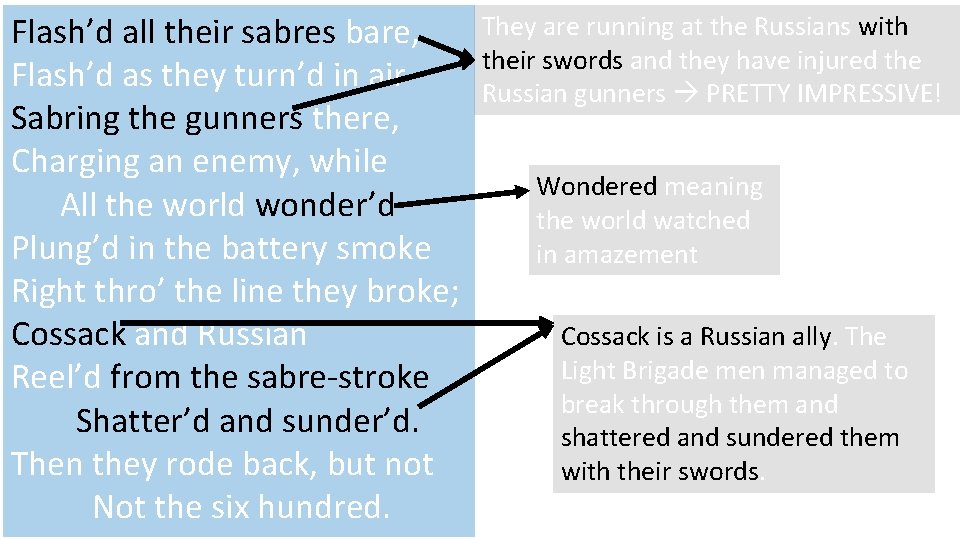 Flash’d all their sabres bare, Flash’d as they turn’d in air Sabring the gunners