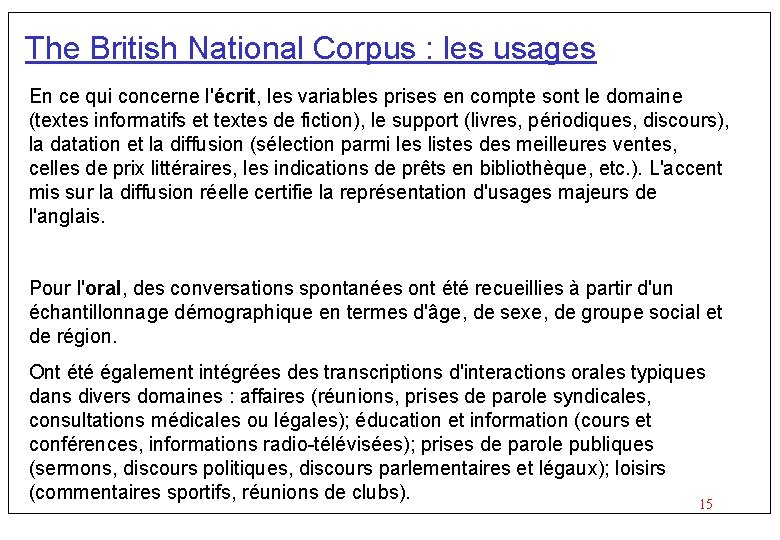 The British National Corpus : les usages En ce qui concerne l'écrit, les variables