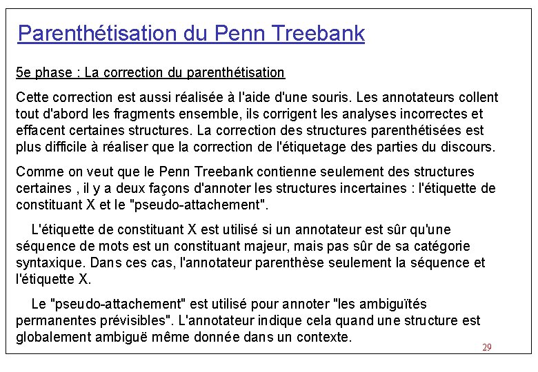 Parenthétisation du Penn Treebank 5 e phase : La correction du parenthétisation Cette correction