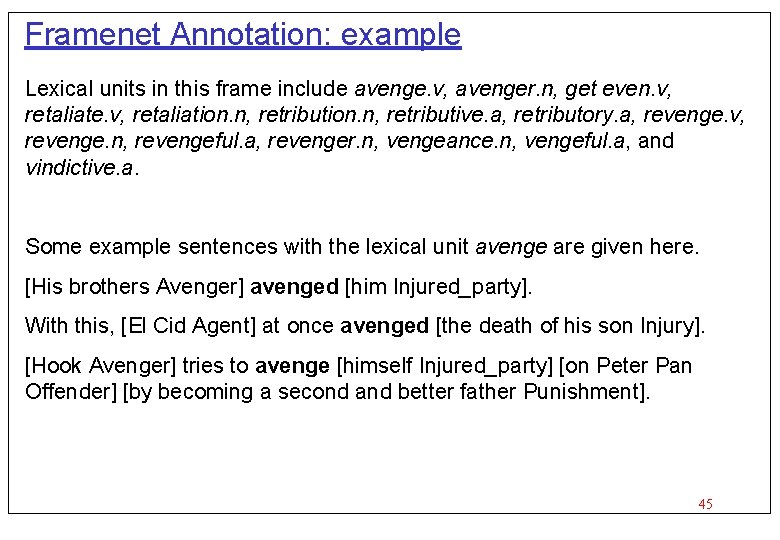 Framenet Annotation: example Lexical units in this frame include avenge. v, avenger. n, get