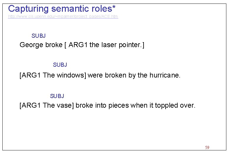 Capturing semantic roles* http: //www. cis. upenn. edu/~mpalmer/project_pages/ACE. htm SUBJ George broke [ ARG