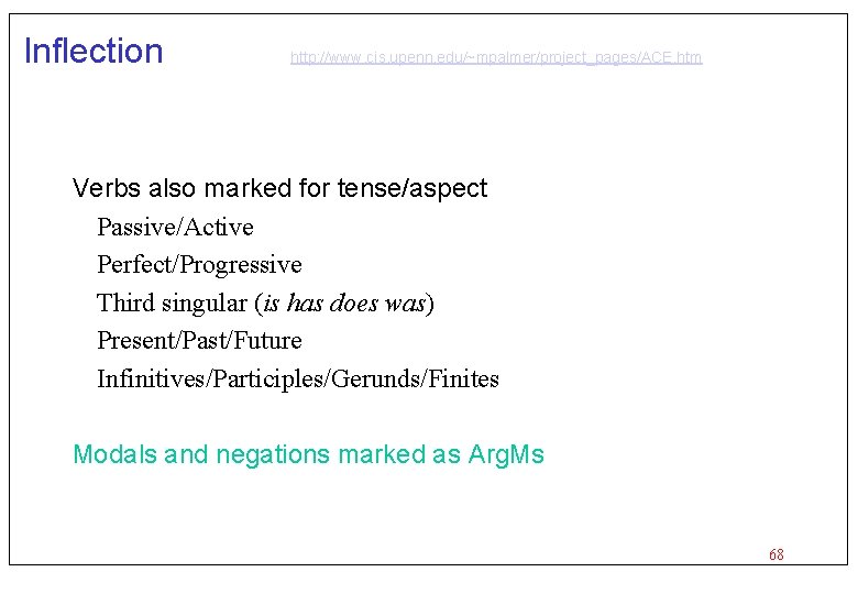 Inflection http: //www. cis. upenn. edu/~mpalmer/project_pages/ACE. htm Verbs also marked for tense/aspect Passive/Active Perfect/Progressive