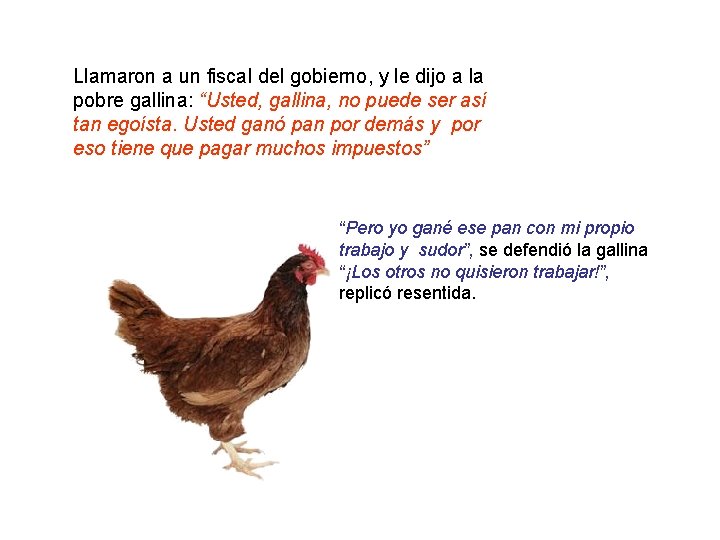 Llamaron a un fiscal del gobierno, y le dijo a la pobre gallina: “Usted,