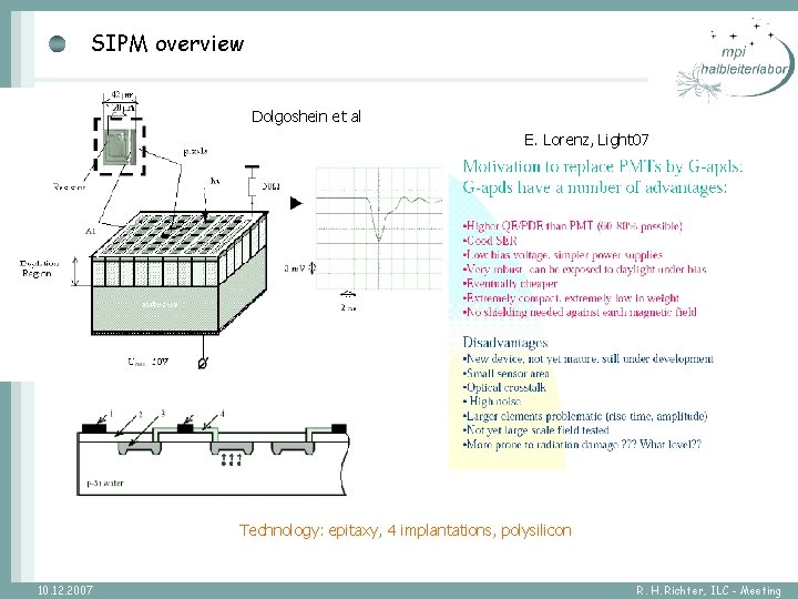SIPM overview Dolgoshein et al E. Lorenz, Light 07 Technology: epitaxy, 4 implantations, polysilicon