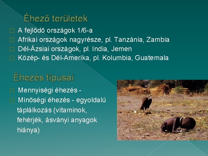 Éhező területek A fejlődő országok 1/6 -a � Afrikai országok nagyrésze, pl. Tanzánia, Zambia Éhező területek A fejlődő országok 1/6 -a � Afrikai országok nagyrésze, pl. Tanzánia, Zambia