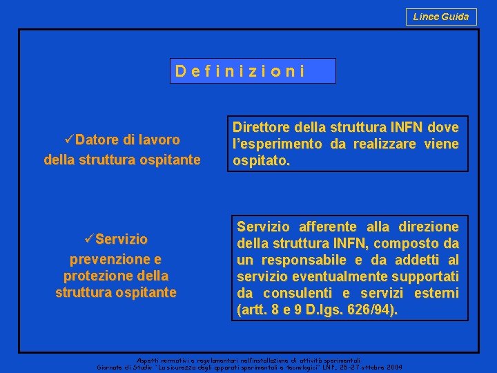 Linee Guida Definizioni üDatore di lavoro della struttura ospitante üServizio prevenzione e protezione della