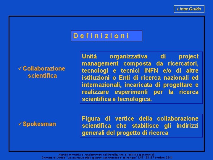 Linee Guida Definizioni üCollaborazione scientifica üSpokesman Unità organizzativa di project management composta da ricercatori,