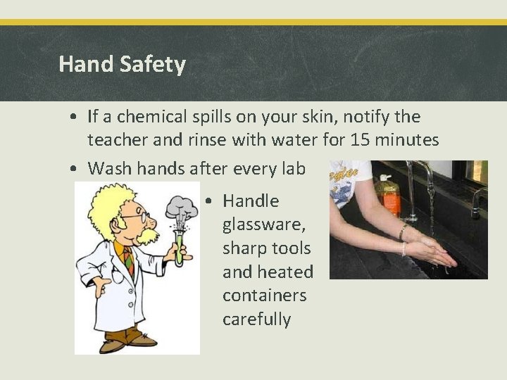 Hand Safety • If a chemical spills on your skin, notify the teacher and
