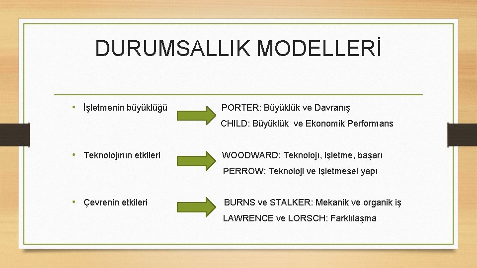 DURUMSALLIK MODELLERİ • İşletmenin büyüklüğü PORTER: Büyüklük ve Davranış CHILD: Büyüklük ve Ekonomik Performans