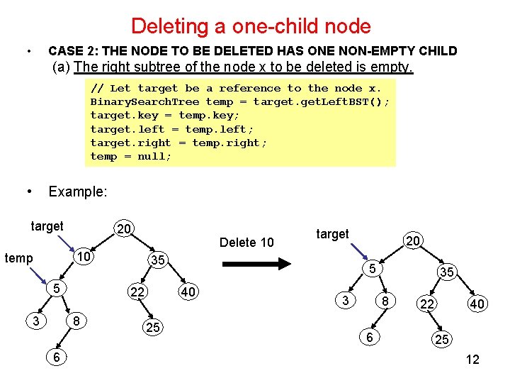 Deleting a one-child node • CASE 2: THE NODE TO BE DELETED HAS ONE