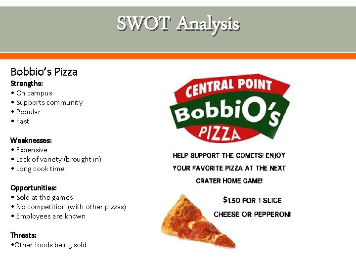 SWOT Analysis Bobbio’s Pizza Strengths: • On campus • Supports community • Popular •