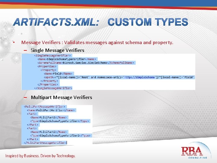  • Message Verifiers : Validates messages against schema and property. – Single Message