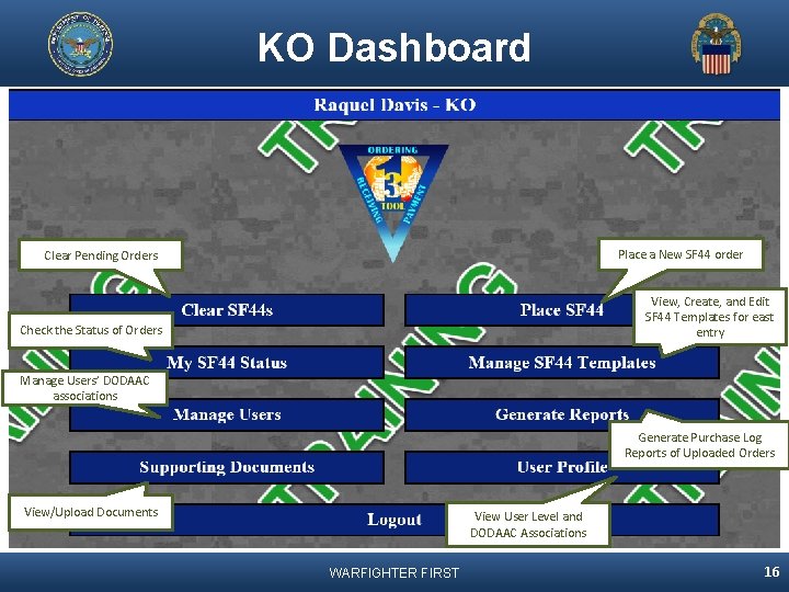 KO Dashboard Place a New SF 44 order Clear Pending Orders View, Create, and