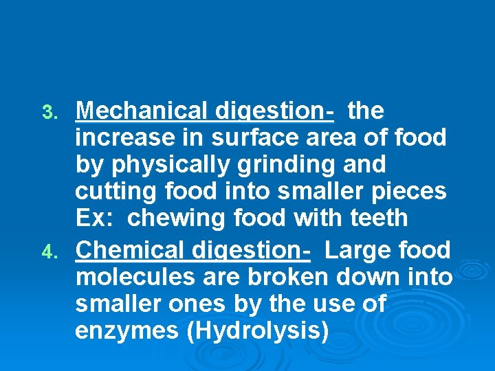 Mechanical digestion- the increase in surface area of food by physically grinding and cutting