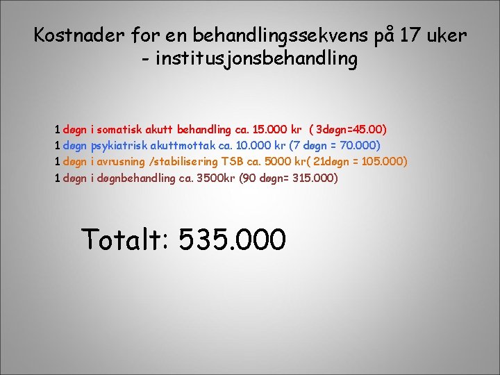 Kostnader for en behandlingssekvens på 17 uker - institusjonsbehandling 1 døgn i somatisk akutt