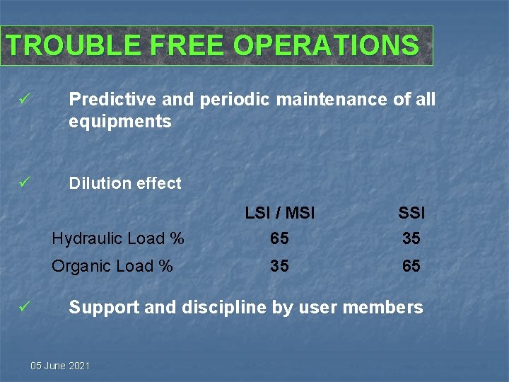 TROUBLE FREE OPERATIONS ü Predictive and periodic maintenance of all equipments ü Dilution effect TROUBLE FREE OPERATIONS ü Predictive and periodic maintenance of all equipments ü Dilution effect