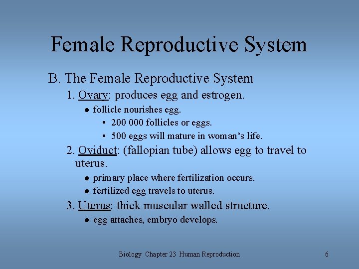 Female Reproductive System B. The Female Reproductive System 1. Ovary: produces egg and estrogen. Female Reproductive System B. The Female Reproductive System 1. Ovary: produces egg and estrogen.