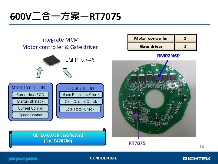 600 V二合一方案—RT 7075 Integrate MCM Motor controller & Gate driver Motor controller 1 Gate