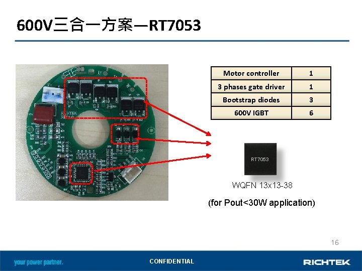 600 V三合一方案—RT 7053 Motor controller 1 3 phases gate driver 1 Bootstrap diodes 3