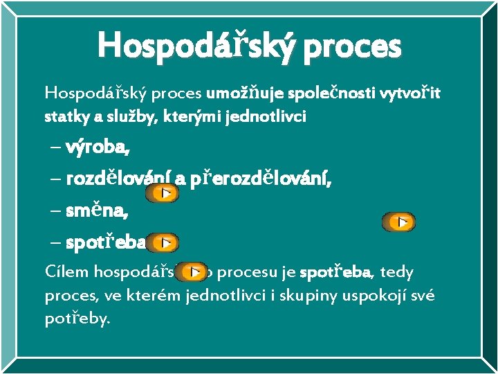 Hospodářský proces umožňuje společnosti vytvořit statky a služby, kterými jednotlivci – výroba, – rozdělování