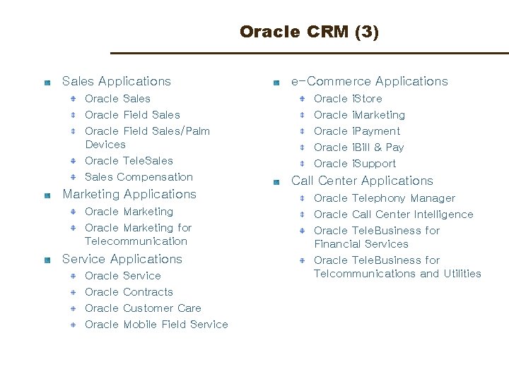 Oracle CRM (3) Sales Applications Oracle Sales Oracle Field Sales/Palm Devices Oracle Tele. Sales
