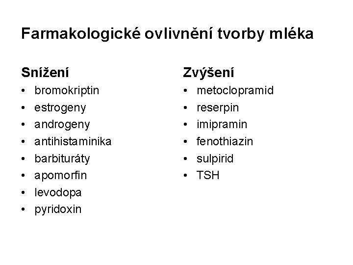 Farmakologické ovlivnění tvorby mléka Snížení Zvýšení • • • • bromokriptin estrogeny androgeny antihistaminika