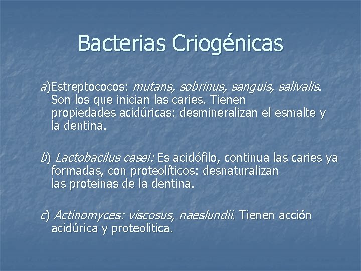 Bacterias Criogénicas a)Estreptococos: mutans, sobrinus, sanguis, salivalis. Son los que inician las caries. Tienen