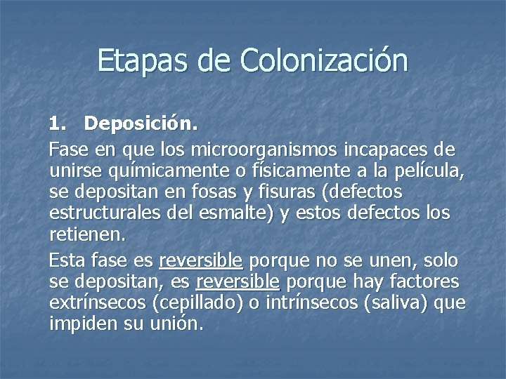 Etapas de Colonización 1. Deposición. Fase en que los microorganismos incapaces de unirse químicamente