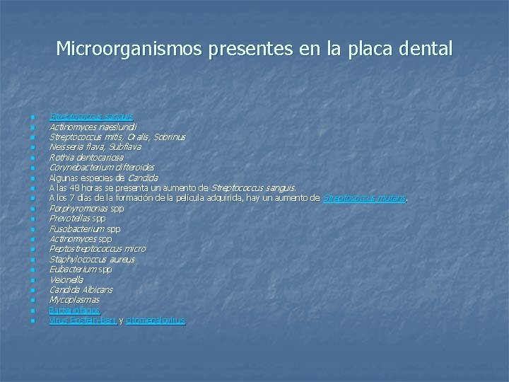 Microorganismos presentes en la placa dental n n n n n n Streptococcus sanguis