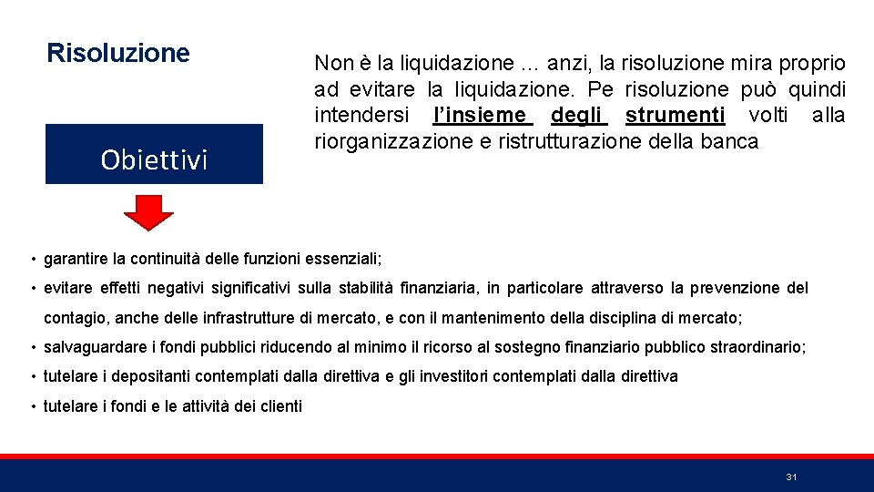 Risoluzione Obiettivi Non è la liquidazione … anzi, la risoluzione mira proprio ad evitare