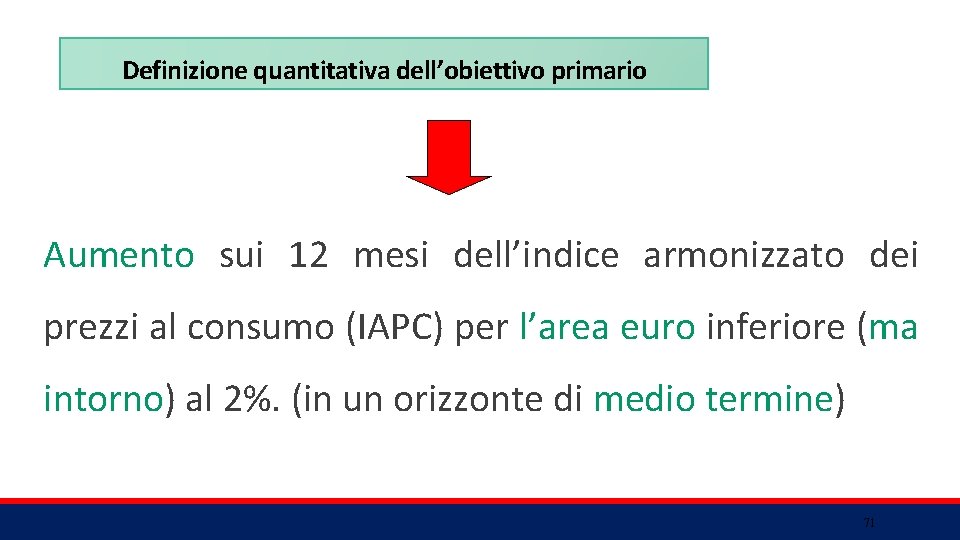 Definizione quantitativa dell’obiettivo primario Aumento sui 12 mesi dell’indice armonizzato dei prezzi al consumo