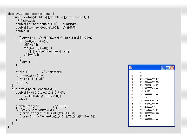 class Dr 12 Panel extends Panel { double newton(double x[], double y[], int n,