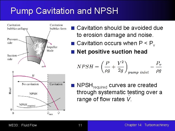 Pump Cavitation and NPSH Cavitation should be avoided due to erosion damage and noise.