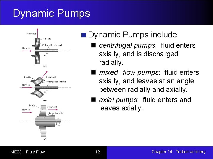 Dynamic Pumps include centrifugal pumps: fluid enters axially, and is discharged radially. mixed--flow pumps: